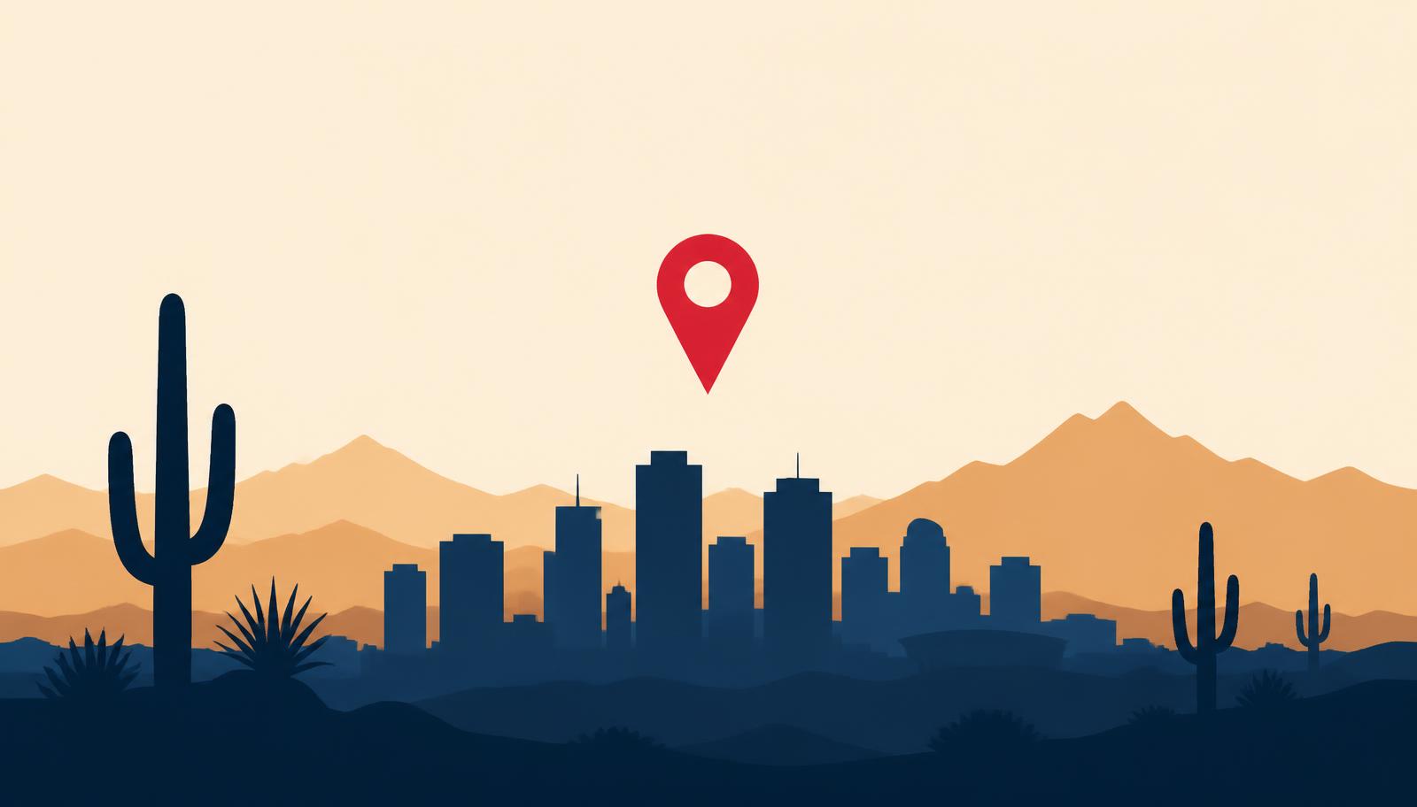 Minimalist Phoenix skyline silhouette with saguaro cacti and a crimson map pin, header image for the top online reputation management companies in Phoenix for 2026