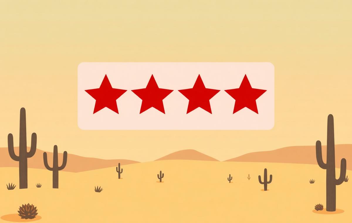 Simple review card with crimson stars above a stylized Phoenix desert skyline, representing Google review velocity for Phoenix local businesses