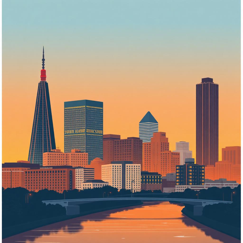 Stylized illustration of the San Antonio skyline with Tower of the Americas at sunset