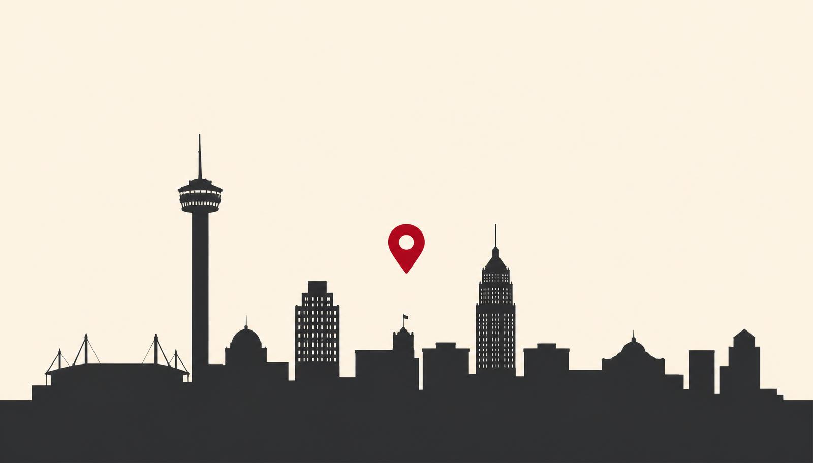 Minimalist San Antonio skyline silhouette with a crimson map pin, header image for the top online reputation management companies in San Antonio for 2026