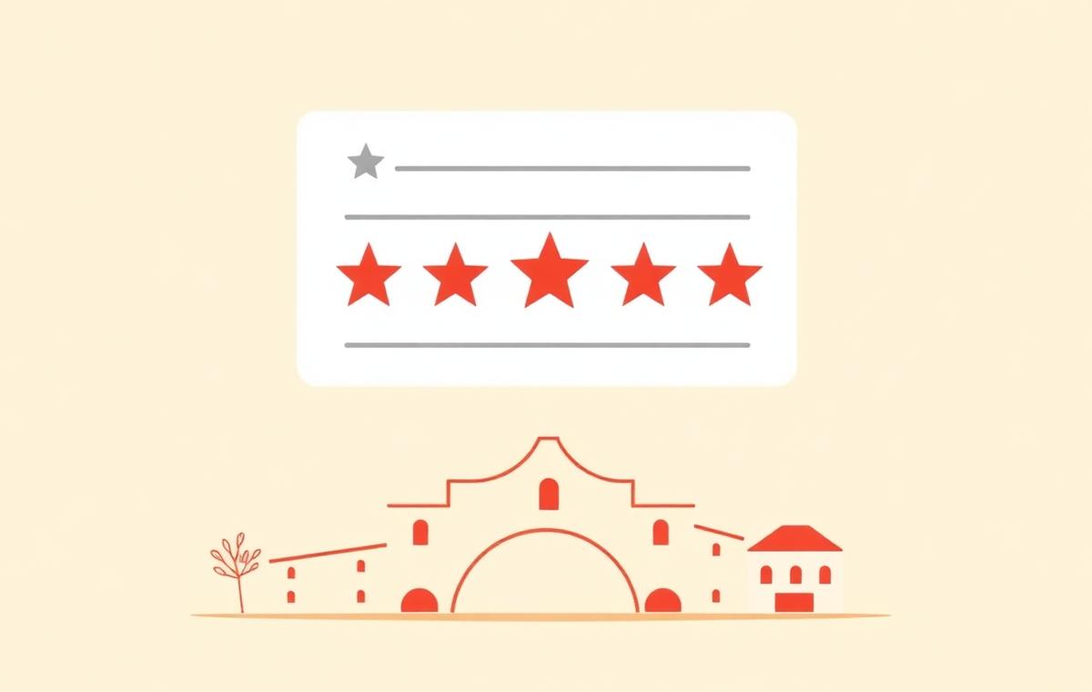 Simple review card with crimson stars above a stylized San Antonio mission facade, representing Google review velocity for San Antonio local businesses