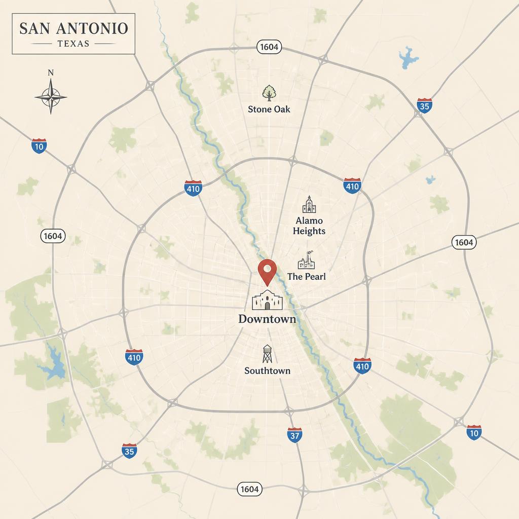 Illustrated map of San Antonio, Texas with a crimson pin over downtown near the Alamo