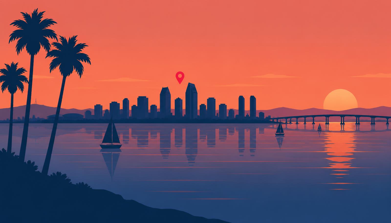 Minimalist San Diego skyline illustration at dusk with the Coronado Bridge, palm trees, and a crimson map pin over downtown, header image for the best online reputation management companies in San Diego reviewed