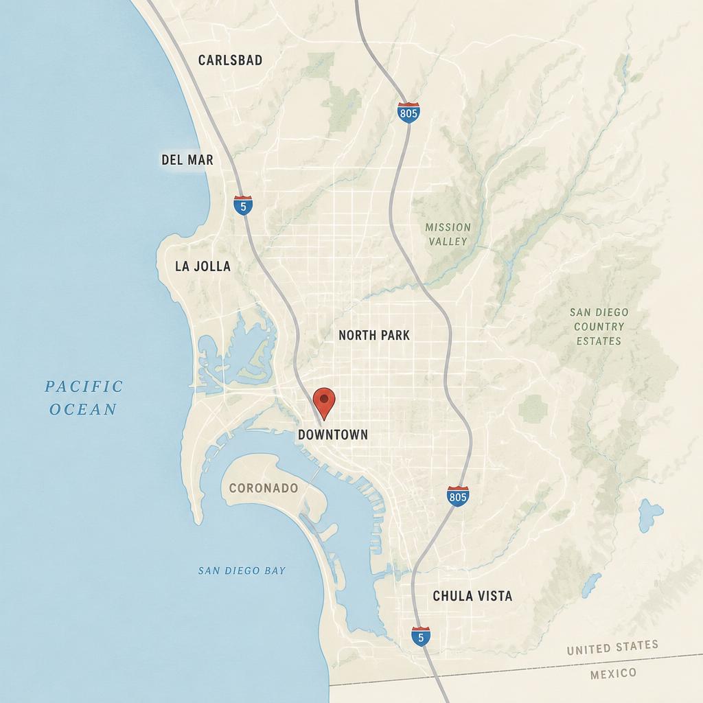 Illustrated map of San Diego with Coronado, La Jolla, and downtown, with a crimson pin over downtown