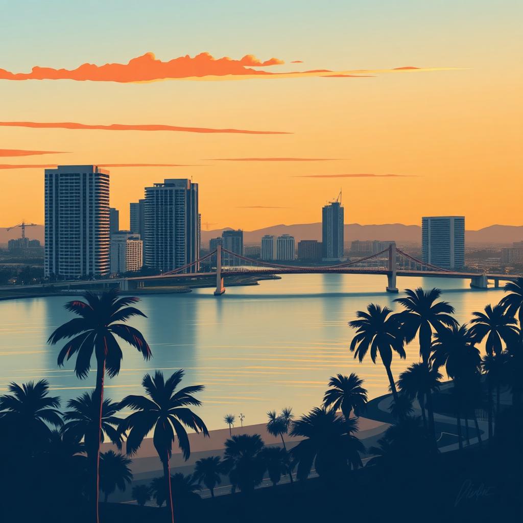 Stylized illustration of the San Diego skyline with Coronado Bridge and palm trees at sunset