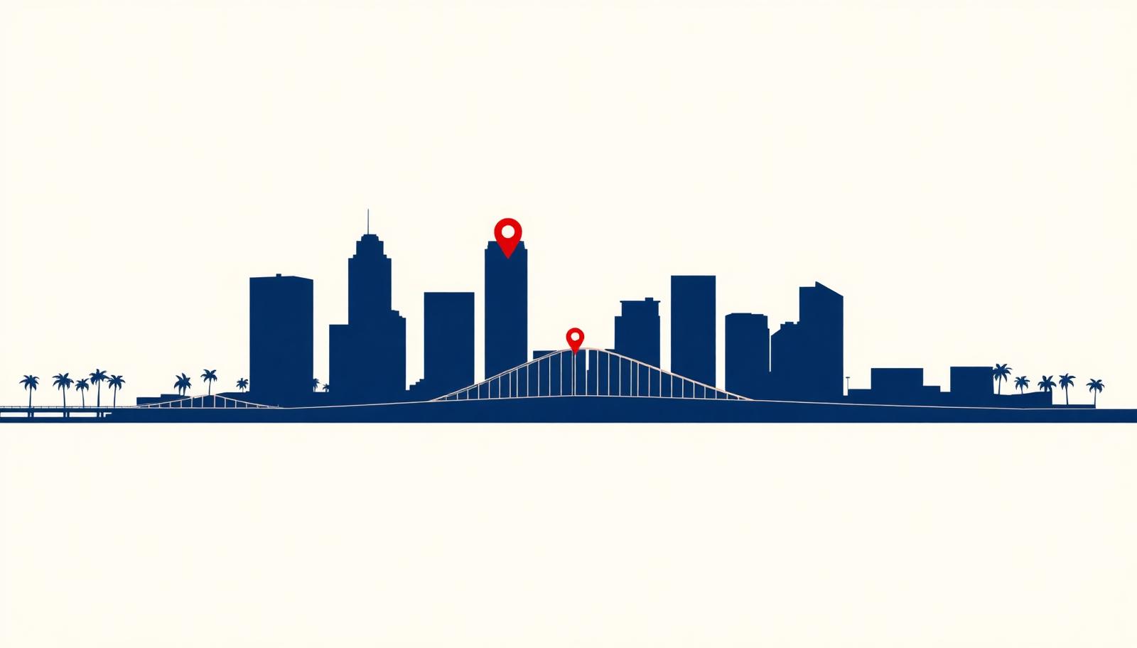 Minimalist San Diego skyline and Coronado Bridge silhouette with a crimson map pin, header image for the top online reputation management companies in San Diego for 2026