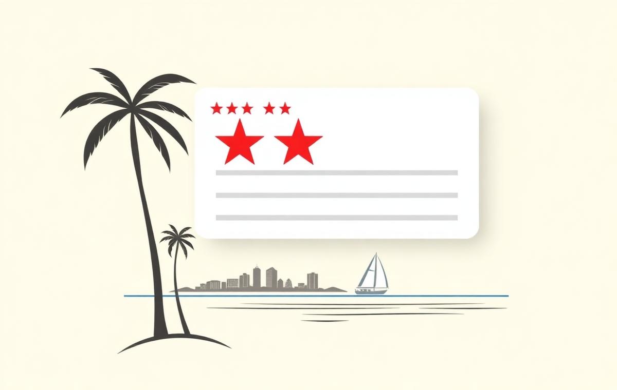 Simple review card with crimson stars above a stylized San Diego coastline, representing Google review velocity for San Diego local businesses