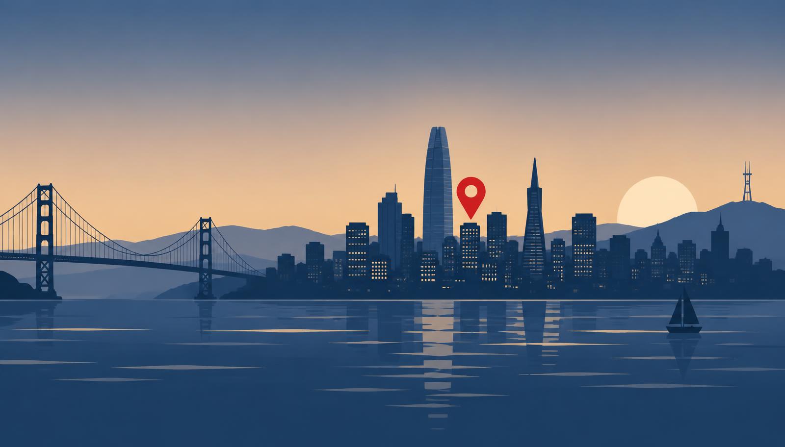 Minimalist San Francisco skyline at dusk with Salesforce Tower, the Transamerica Pyramid, and the Golden Gate Bridge over the bay, a crimson map pin above downtown, header image for the best online reputation management companies in San Francisco reviewed