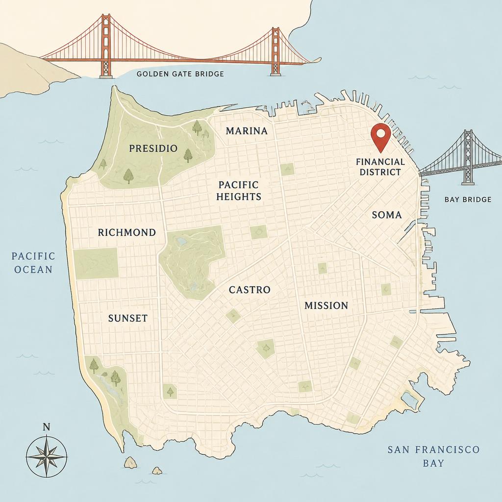 Illustrated map of San Francisco with the Golden Gate Bridge, Bay Bridge, Financial District, SoMa, Mission, Castro, Marina, Sunset, and Richmond neighborhoods, crimson pin over Financial District