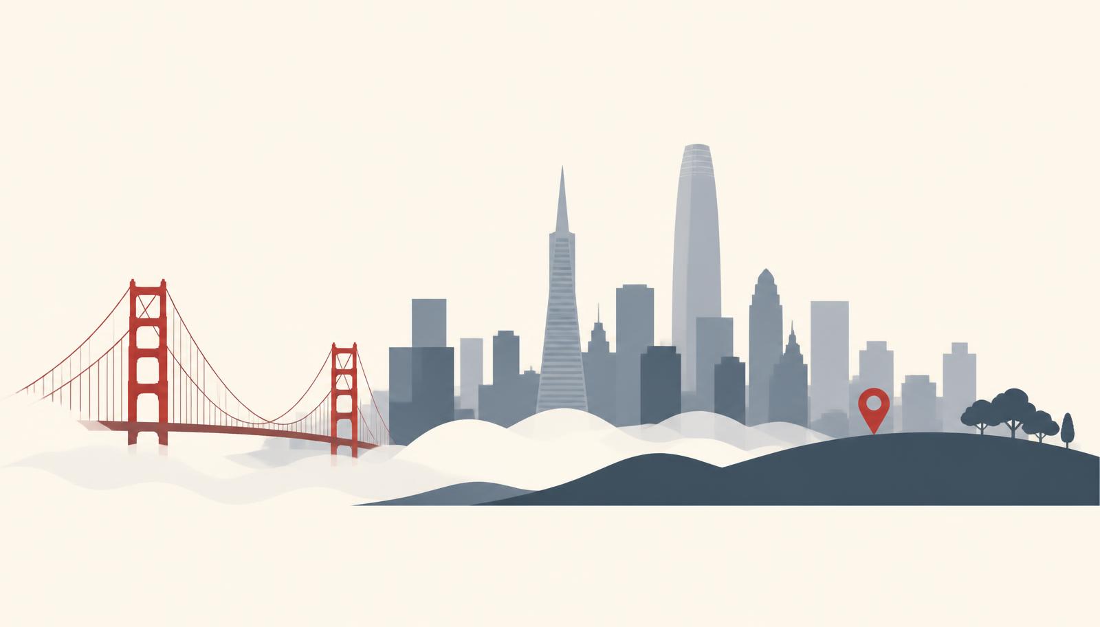 Minimalist San Francisco skyline silhouette with the Golden Gate Bridge, Transamerica Pyramid, and a crimson map pin, header image for the 2026 rankings of the best reputation management companies in San Francisco