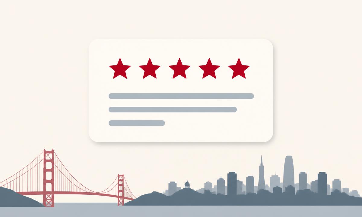 Simple review card with crimson stars above a stylized San Francisco skyline, representing Google review velocity for San Francisco local businesses