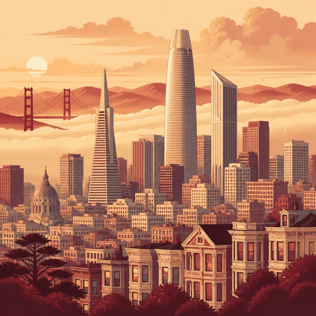 Stylized illustration of the San Francisco skyline with Salesforce Tower, Transamerica Pyramid, 555 California, and the Golden Gate Bridge silhouette at golden hour