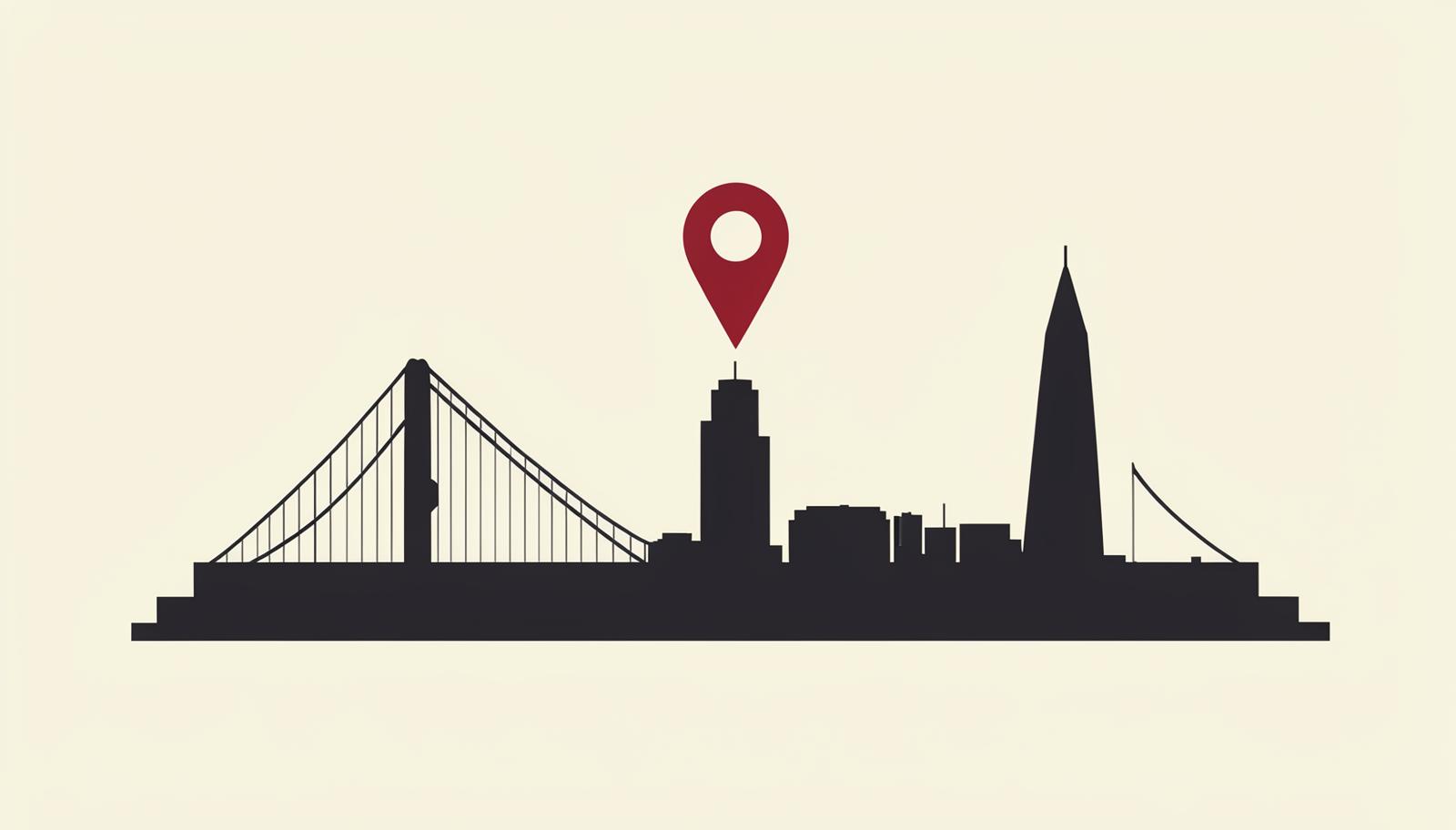 Minimalist San Francisco skyline illustration with the Golden Gate Bridge and a crimson map pin, header image for the top online reputation management companies in San Francisco for 2026