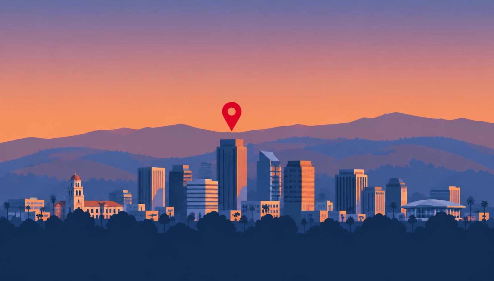 Minimalist San Jose skyline illustration at dusk with Santa Clara Valley hills behind downtown and a crimson map pin above the city center, header image for the best online reputation management companies in San Jose reviewed