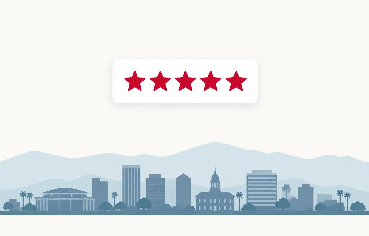 Simple review card with five crimson stars above a stylized San Jose skyline silhouette and valley hills, representing Google review velocity for San Jose local businesses