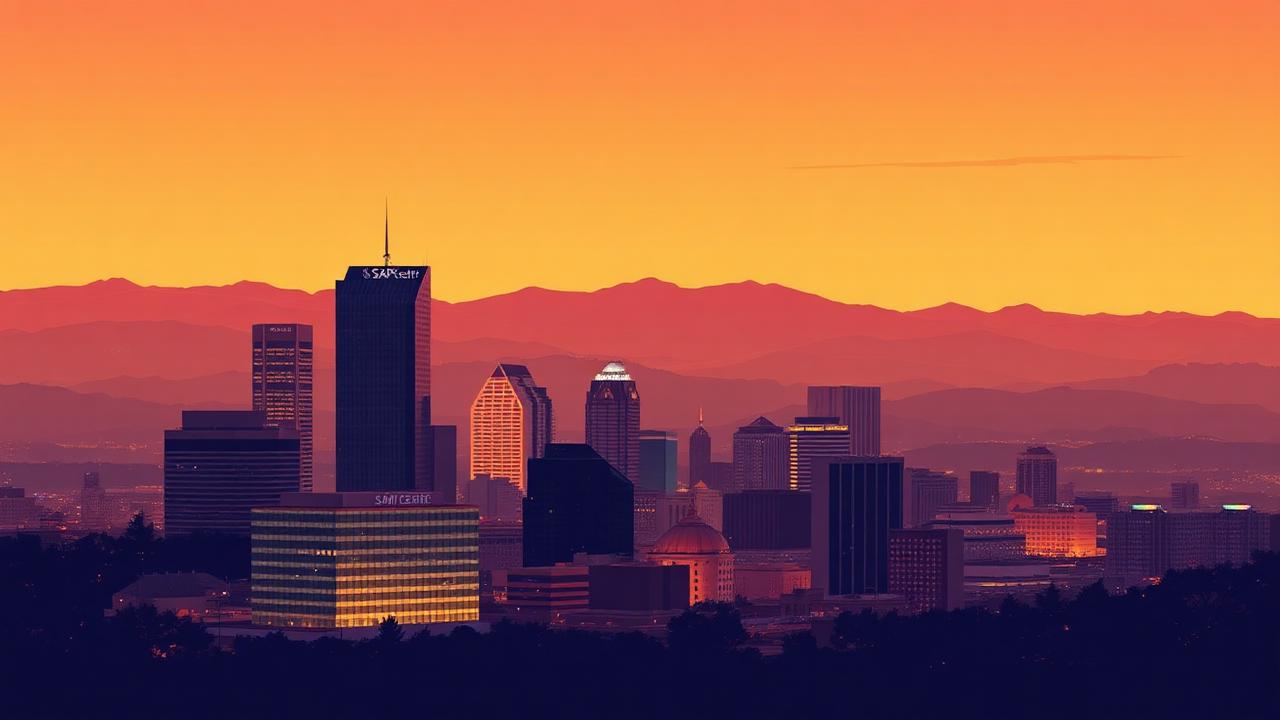Stylized illustration of the San Jose skyline at dusk with surrounding hills
