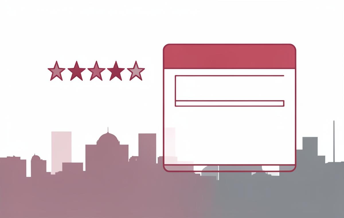 Simple review card with crimson stars above a stylized San Jose skyline, representing Google review velocity for San Jose local businesses