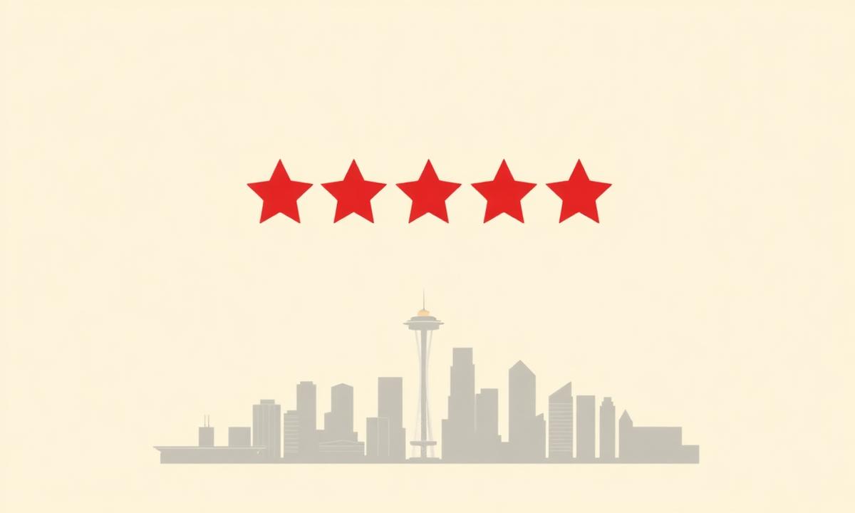 Simple review card with crimson stars above a stylized Seattle skyline, representing Google review velocity for Seattle local businesses