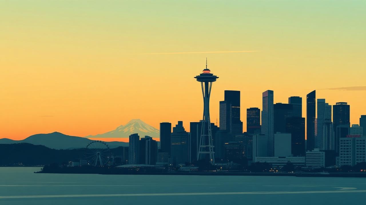 Stylized illustration of the Seattle skyline at dusk with the Space Needle and Mount Rainier