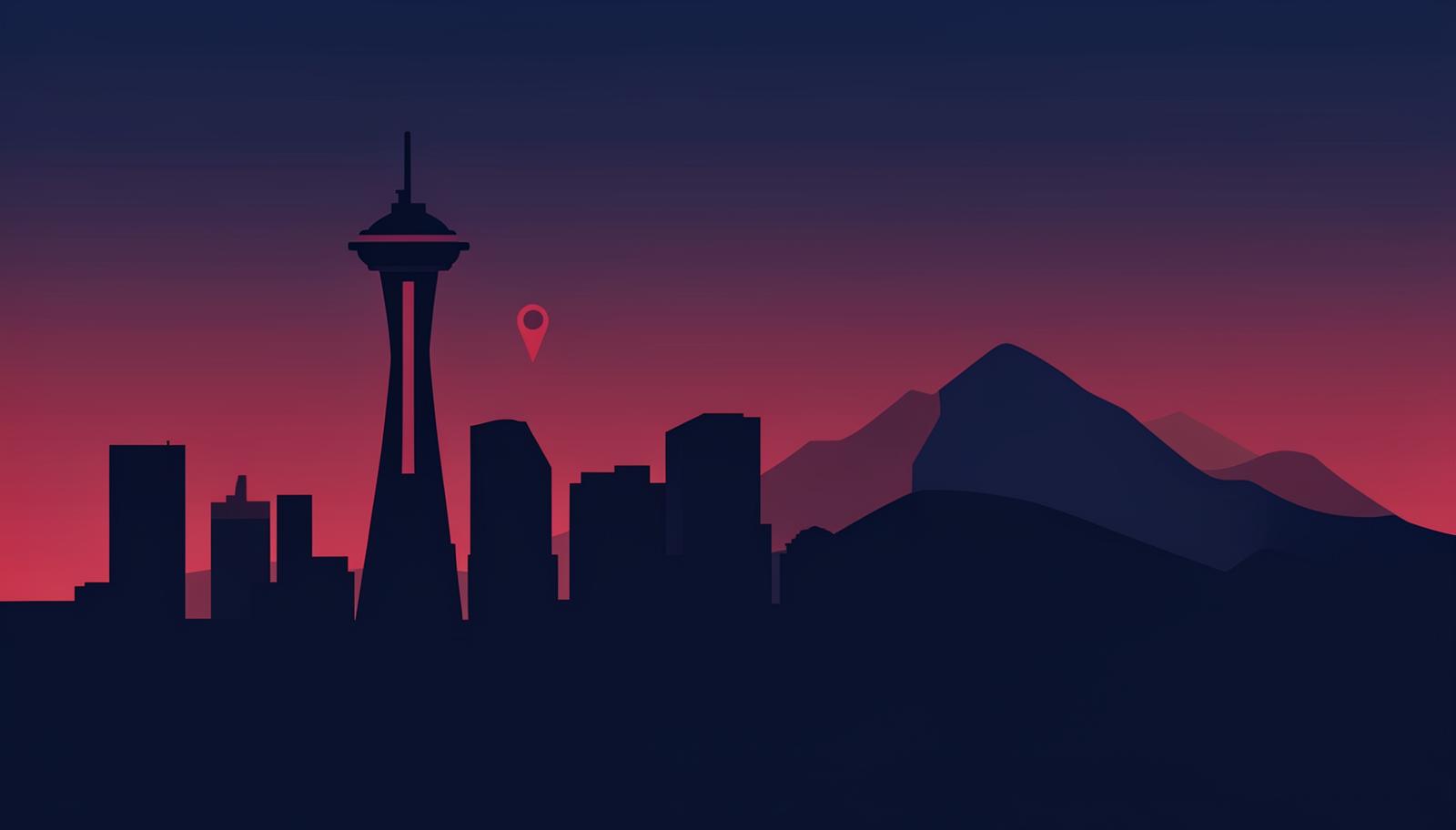 Minimalist Seattle skyline illustration with the Space Needle, Mount Rainier, and a crimson map pin, header image for the top online reputation management companies in Seattle for 2026