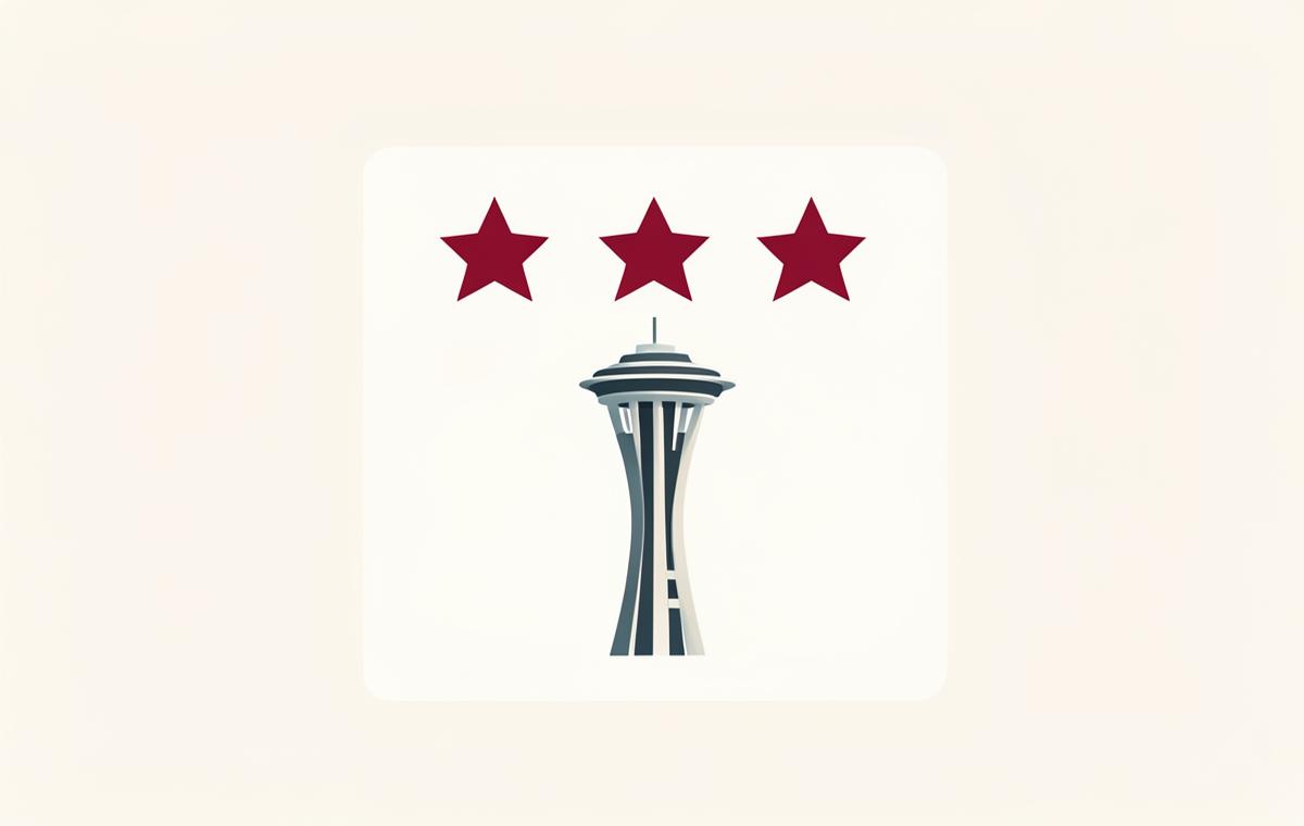 Simple review card with crimson stars above a stylized Space Needle, representing Google review velocity for Seattle local businesses