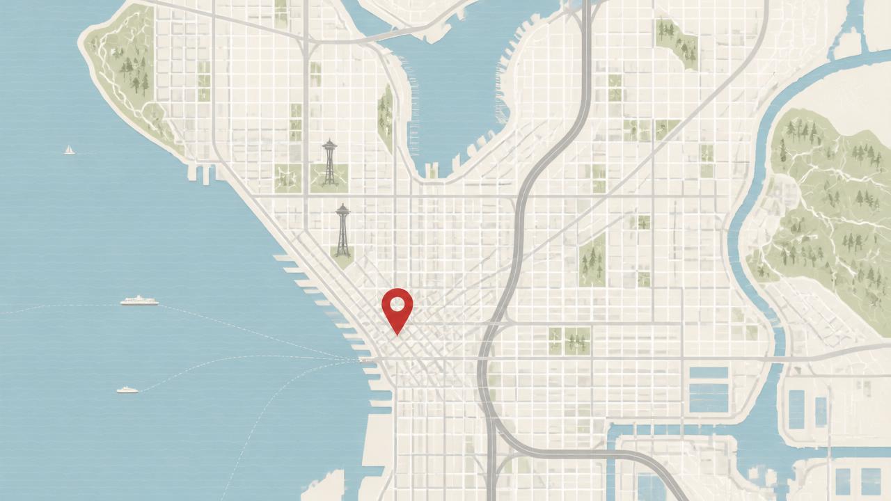 Illustrated map of Seattle with downtown, Puget Sound, the Space Needle, and I-5