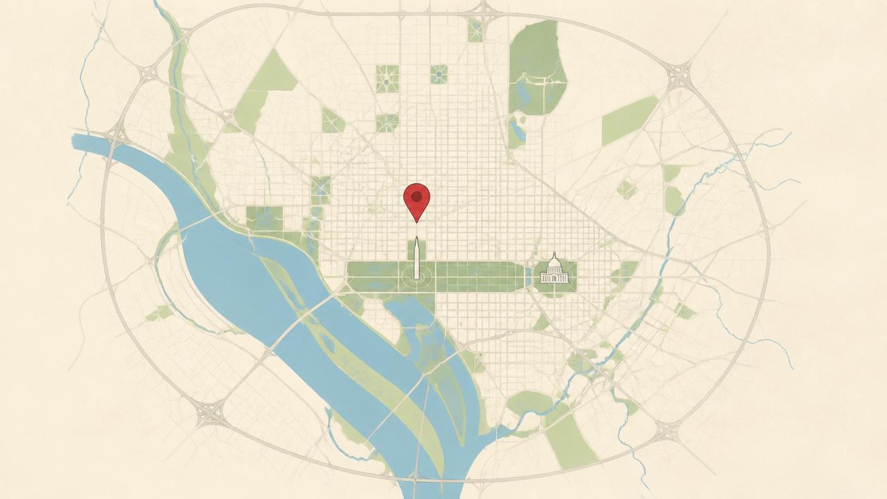 Illustrated map of Washington DC with the National Mall, the Capitol, and I-495