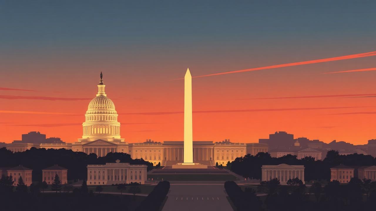 Stylized illustration of the Washington DC skyline at dusk with the Capitol and Washington Monument