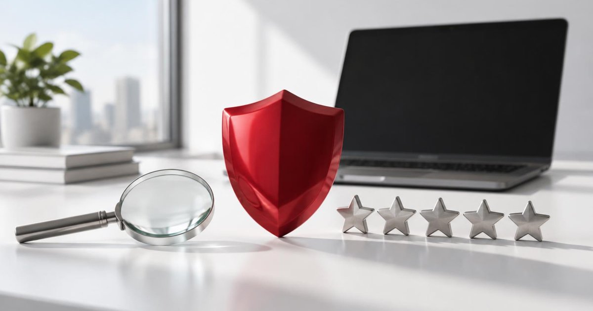 Crimson shield, magnifying glass and five silver stars beside a laptop, representing online reputation management